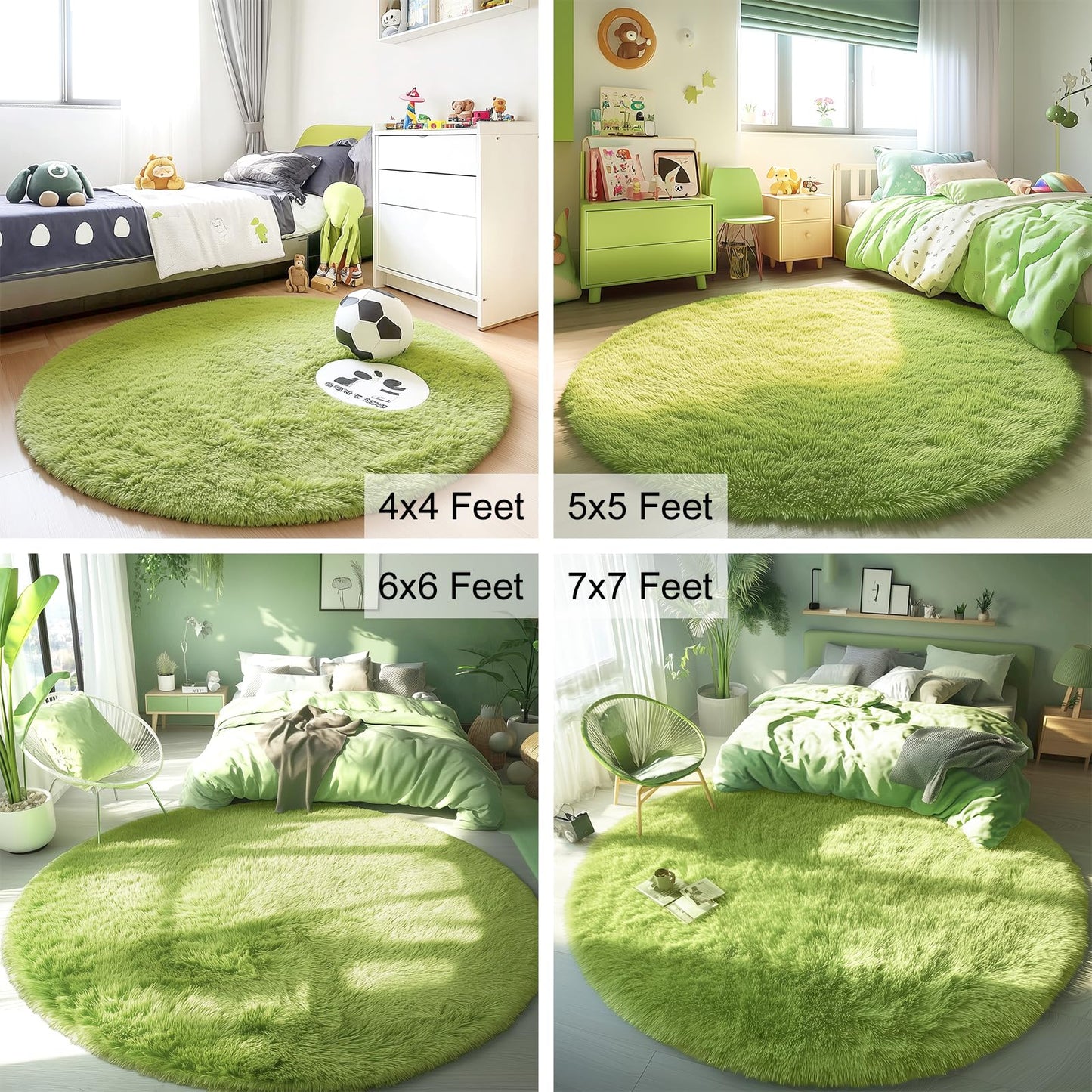 OLANLY Grass Green Round Rugs for Bedroom - Machine Washable, 8 ft Circle Area Rugs for Living Room, Soft and Fluffy Shaggy Carpet for Teen Girls and Boys, Nursery Rooms, Dorms, Home Decor Aesthetic