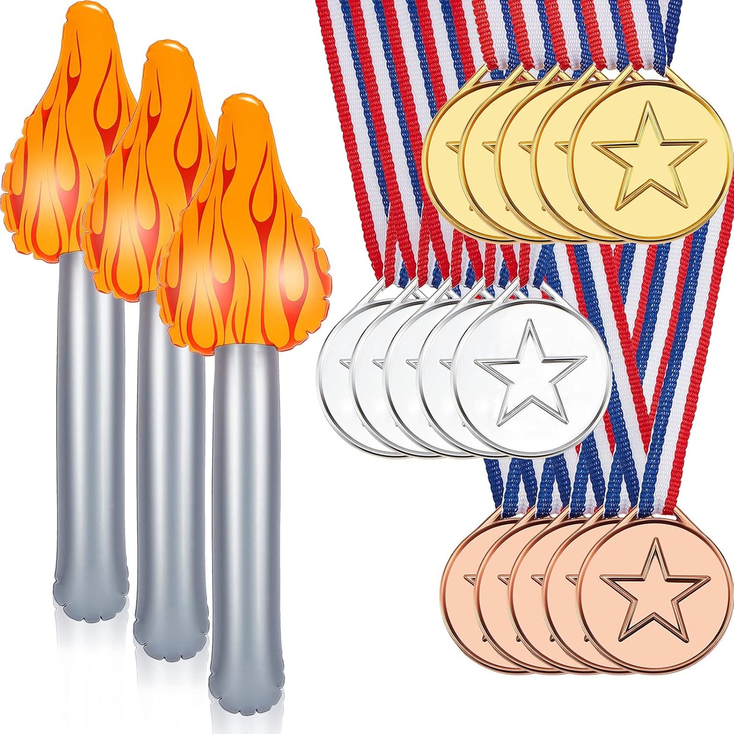Zomiboo Kids Winner Award Medals Set - 15 Plastic Gold, Silver, Bronze Medals + 3 Inflatable Torches for Medieval Party