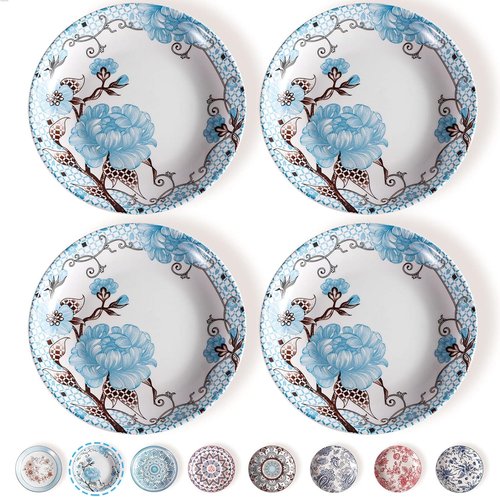 Artena Pasta Bowls Set - 20oz Porcelain Salad Bowls | 8 Inch Colorful Dinner Plates in Blue Peony