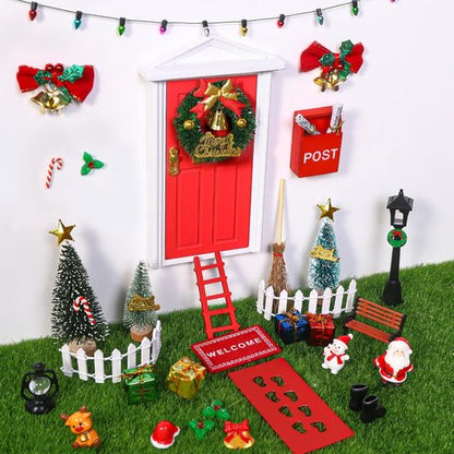Celltestria 39-Piece Red Christmas Elf Fairy Door Decoration Set | Miniature Figures & Wooden Doors for Dollhouses