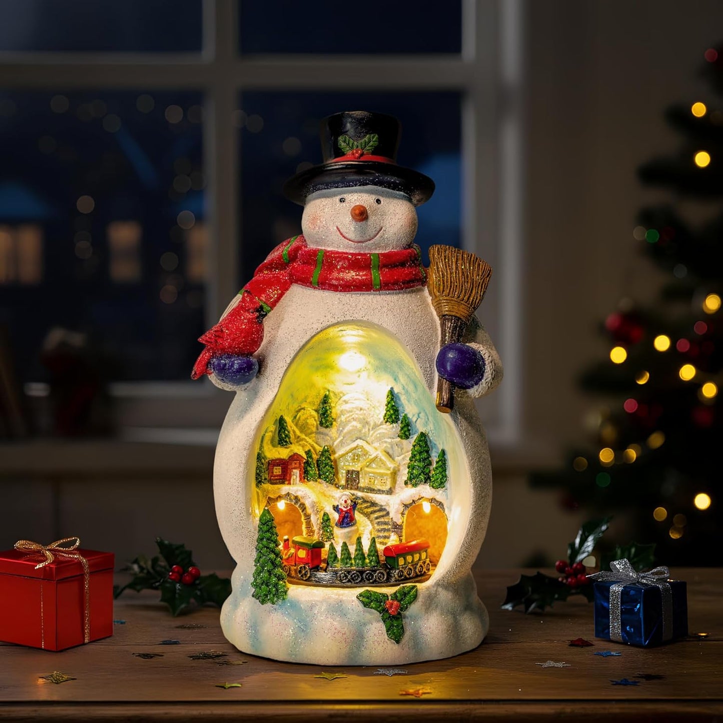Snowman Figurine - Lighted Christmas Village with Animated Train | Battery & USB Powered Holiday Decor