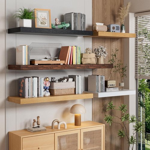 Heimlove Floating Shelves - Set of 2 Black Wood Shelves | 48"W x 12"D for Bedroom, Living Room, Kitchen, Home Office