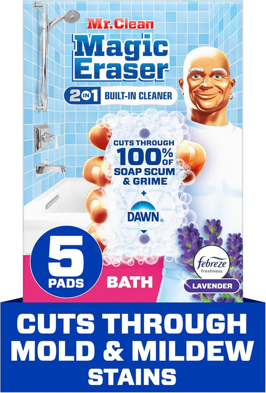 Mr. Clean Magic Eraser Sponge - Powerful Bathroom Cleaner with Febreze Lavender Scent | 5 Count