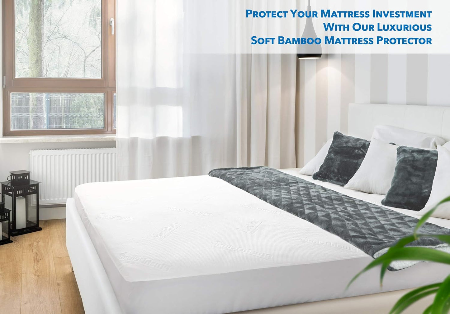 PlushDeluxe Bamboo Mattress Protector - Waterproof, Ultra Soft & Breathable Queen Size Cover - White