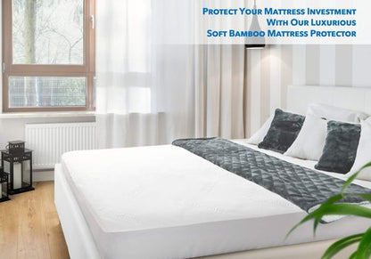 PlushDeluxe Premium Bamboo Mattress Protector – Queen Size, Waterproof, & Ultra Soft Breathable Noiseless Washable Bed Mattress Cover for Comfort & Protection - White