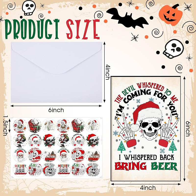 Skeleton Christmas Cards Bulk Set 24 with Envelopes — 12 Designs, 4x6 inches, Blank Inside (Variation: 24+Vintage Christmas Skeleton)