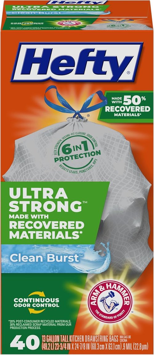 Hefty Ultra Strong Kitchen Trash Bags - 13 Gallon, 40 Count, Gray Clean Burst | Eco-Friendly Design