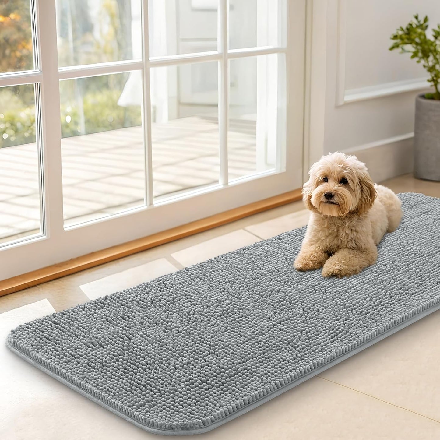 OLANLY Dog Door Mat - Absorbent Non-Slip Mud Mat for Indoor Use | Quick Dry Chenille, 47x17, Grey