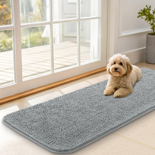OLANLY Dog Door Mat - Absorbent Non-Slip Mud Mat for Indoor Use | Quick Dry Chenille, 47x17, Grey