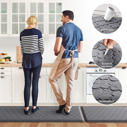 Kitchen Mat [2 PCS] Cushioned Anti-Fatigue Floor Mat, Waterproof Non-Skid Kitchen Mats and Rugs, Ergonomic Comfort Foam Kitchen Rugs, Standing Mat for Floor,Office, Sink(Grey,17.3"x28"+17.3"x60")