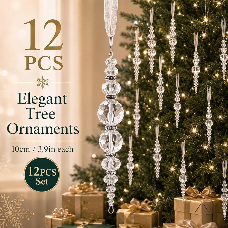 Hollowfly 12 Pcs Clear Acrylic Icicle Ornaments Beaded Drops - 4.1in, Variation: Clear+12