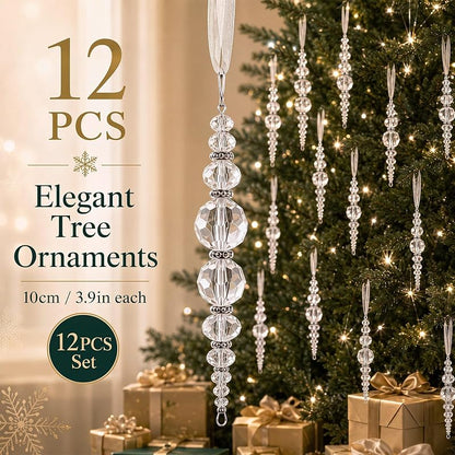 Hollowfly 12 Pcs Clear Acrylic Icicle Ornaments Beaded Drops - 4.1in, Variation: Clear+12