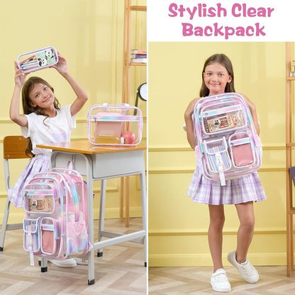 Fimibuke Clear Backpack - 3PCS Heavy Duty PVC Set with Lunch Box & Pencil Case | Cute Toddler School Bag for Preschool & Kindergarten