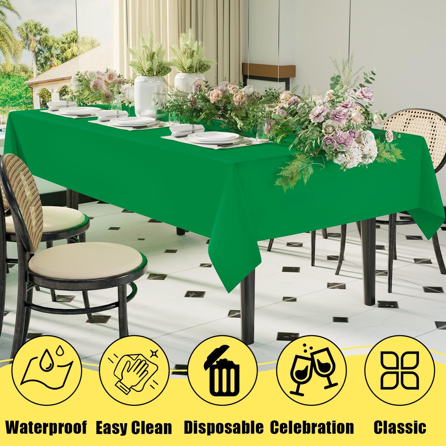 smiry Disposable Table Cloth 6 Pack, 54 x 108 Inch Table Cloths for Parties, Decorative Tablecloths for Rectangle Tables, Waterproof Plastic Table Cover, Leakproof & Sturdy, Green