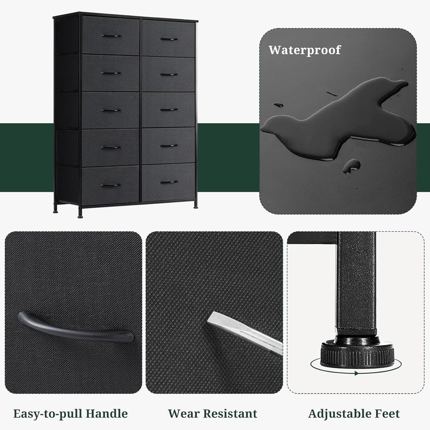 Skiennix 10-Drawer Dresser - Anti-Tip Tall Storage Organizer with Wooden Top & Metal Frame | Black