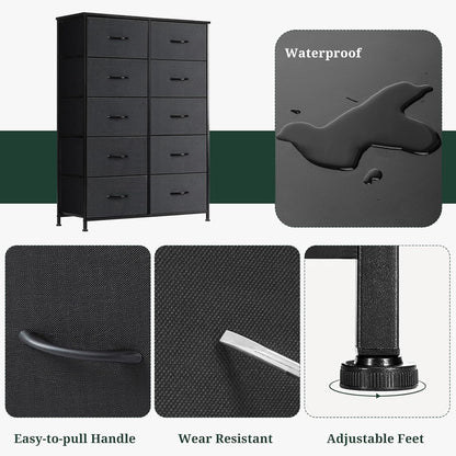 Skiennix 10-Drawer Dresser - Anti-Tip Tall Storage Organizer with Wooden Top & Metal Frame | Black