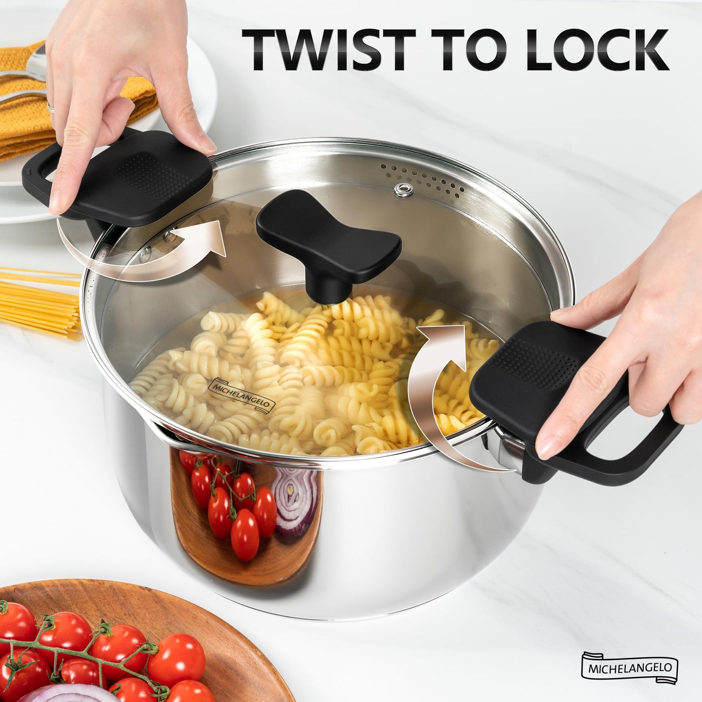 MICHELANGELO Stainless Steel Pasta Pot with Strainer Lid - Pasta Cooker | 6 Quart Induction Pot with Lid, 6 Qt Spaghetti Pot with Strainer Lid