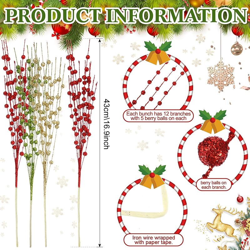 36 Bundles Christmas Glitter Berry Stems 16.9" Green Red Gold - Variation: Green, Red, Gold