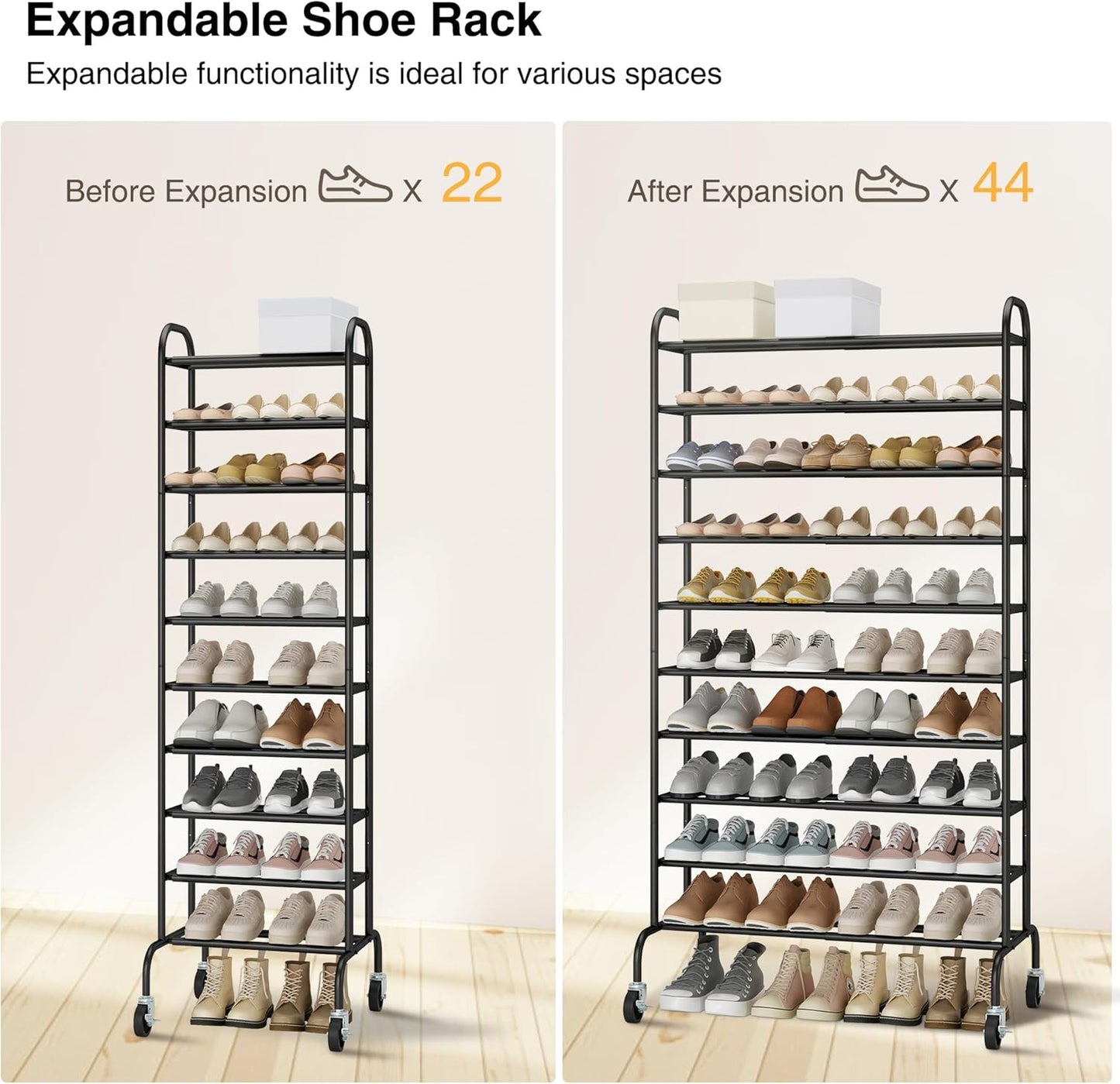 STO STO Expandable Shoe Rack - 10-Tier Metal Organizer for Up to 44 Pairs | Adjustable & Free Standing, Black