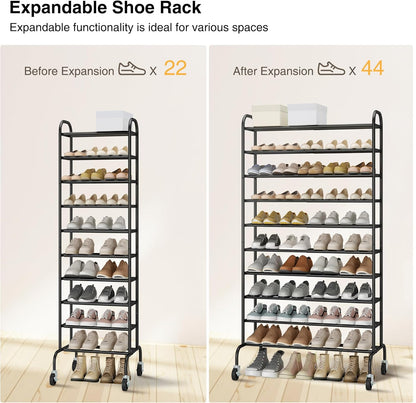 STO STO Expandable Shoe Rack - 10-Tier Metal Organizer for Up to 44 Pairs | Adjustable & Free Standing, Black