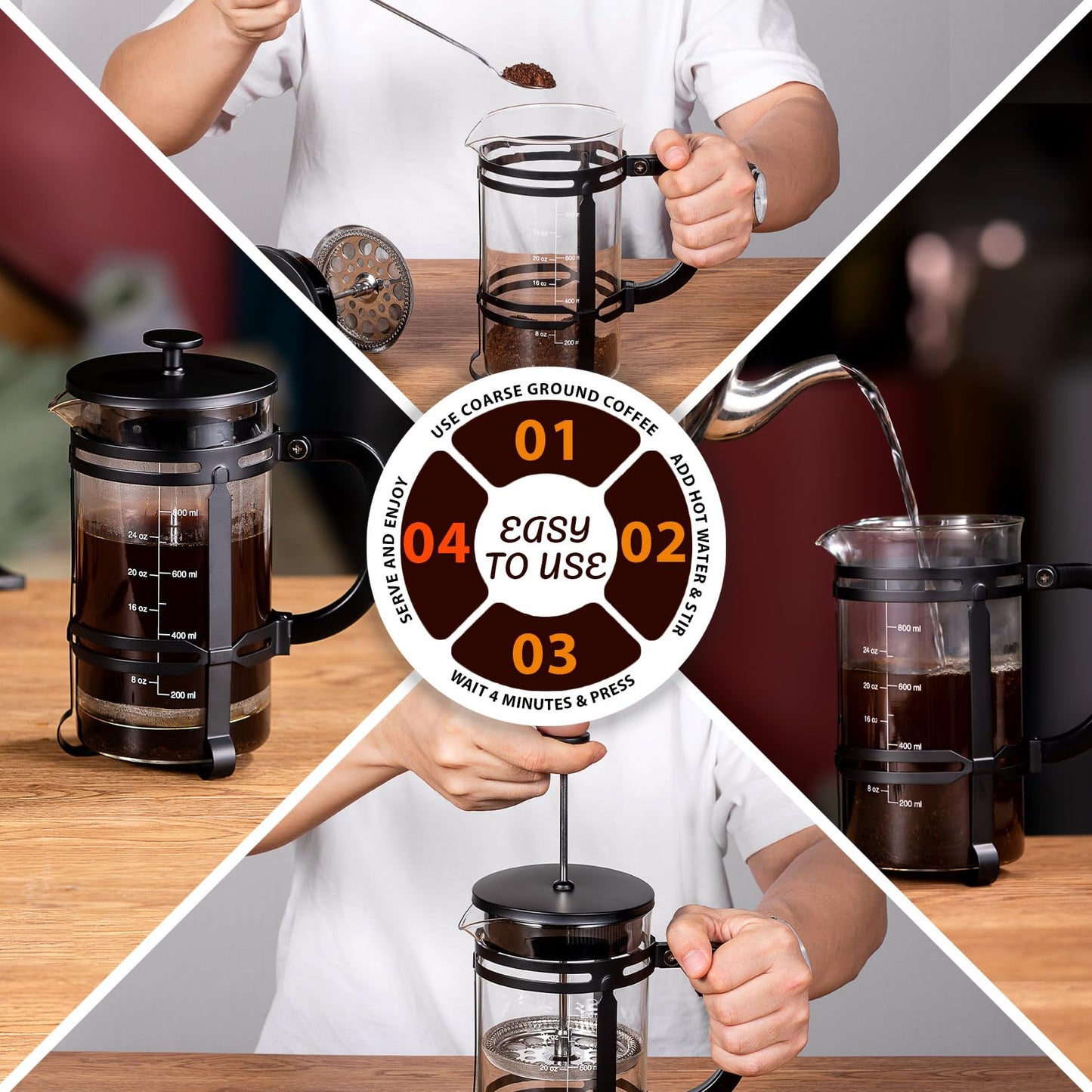 French Press Coffee Tea Maker（34oz）,304 Stainless Steel Coffee Press with 4 Filters Screen-100% No Residue -German Heat-Resistant Borosilicate Glass- BPA FREE -Dishwasherable, Black