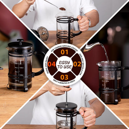 French Press Coffee Tea Maker（34oz）,304 Stainless Steel Coffee Press with 4 Filters Screen-100% No Residue -German Heat-Resistant Borosilicate Glass- BPA FREE -Dishwasherable, Black