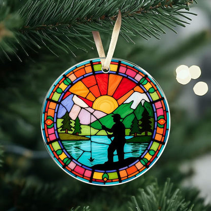 Fishing Ornament for Christmas Tree - Fisherman Acrylic Gift 3.23" with Gold Ribbon (Variation: 08 Fishing)
