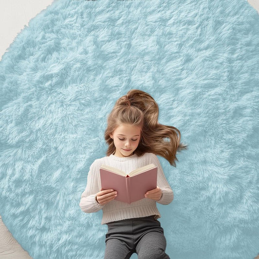 OLANLY Light Blue Round Rugs for Bedroom - Machine Washable, 6 ft Circle Area Rugs for Living Room, Soft and Fluffy Shaggy Carpet for Teen Girl and Boys, Nursery Rooms, Dorms, Home Decor Aesthetic