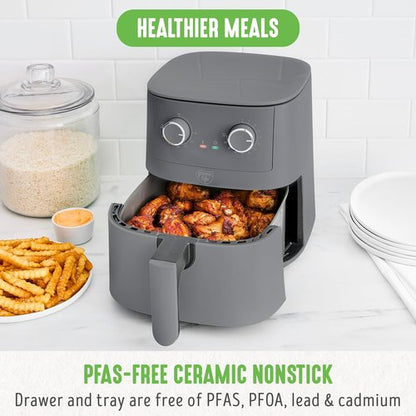 GreenLife 4.5QT Air Fryer - PFAS-Free Ceramic Nonstick, Adjustable Temp & Timer, Compact Graphite Design