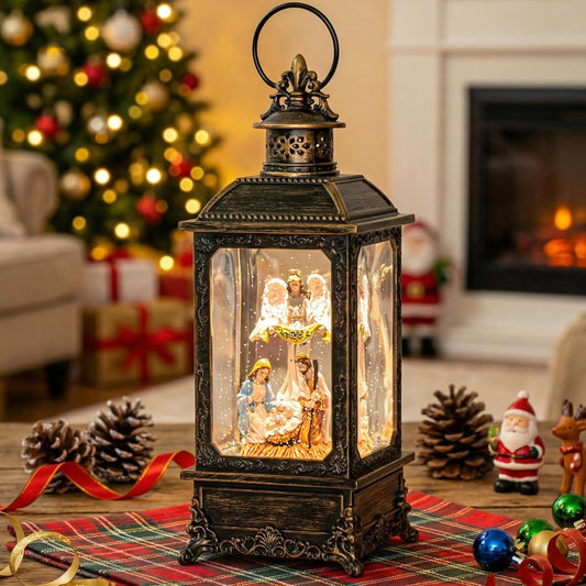 VISFLAIR Christmas Snow Globe - Lighted Angel & Nativity Scene | Musical Water Lantern, Battery or USB Powered Holiday Decor