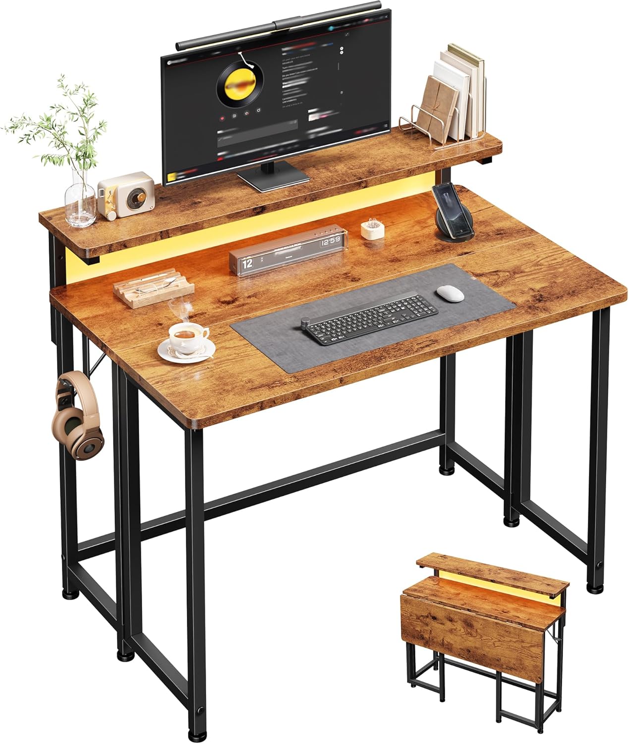 DurayLoly Folding Desk - Compact Computer Desk with Monitor Stand & LED Lights | 31.5 Inch Rustic Brown