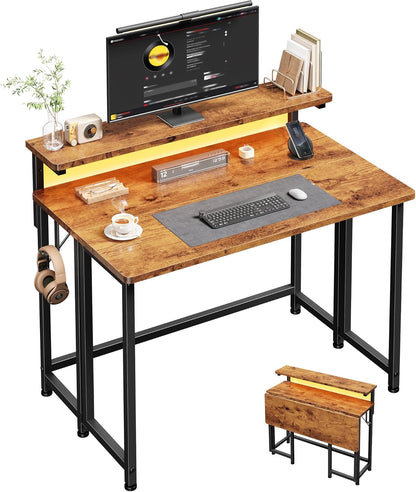 DurayLoly Folding Desk - Compact Computer Desk with Monitor Stand & LED Lights | 31.5 Inch Rustic Brown