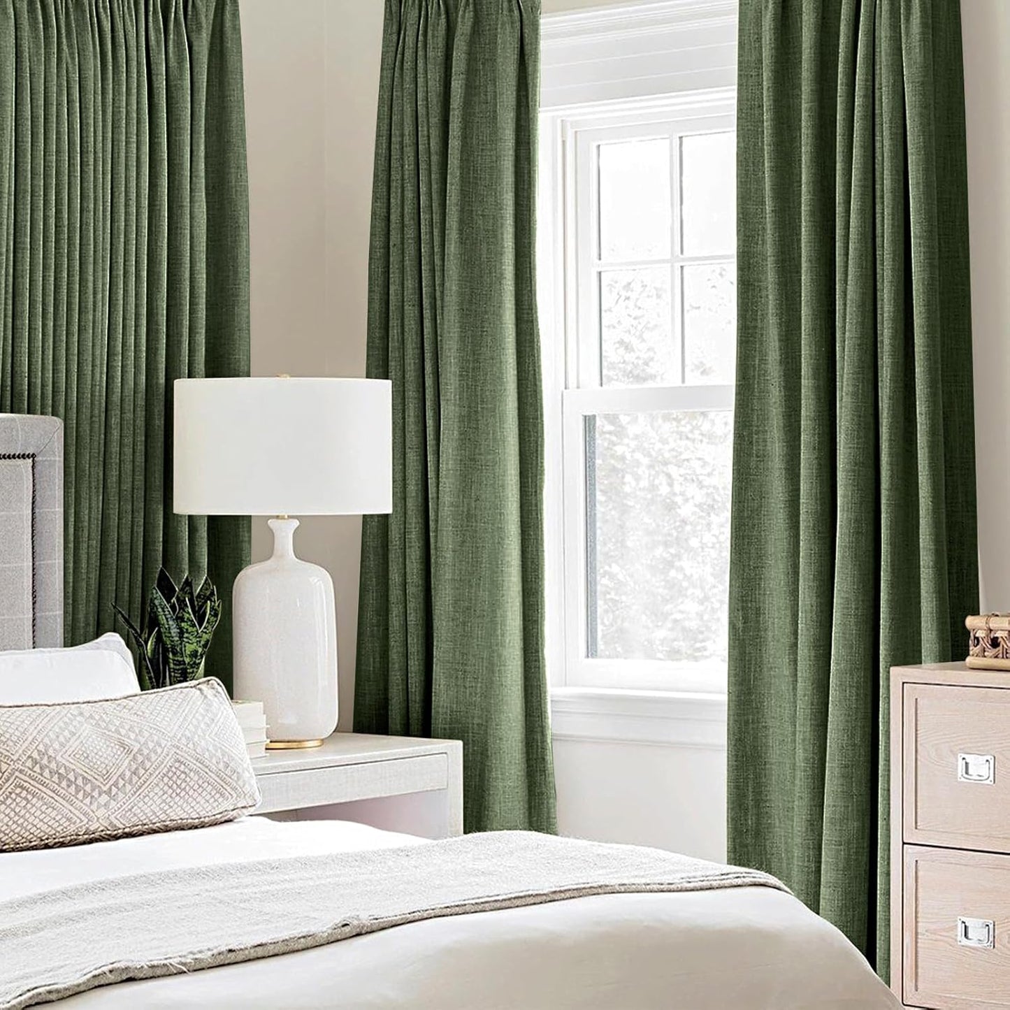 MIULEE Blackout Linen Textured Curtains - Thermal Insulated Olive Green Drapes | 42 x 63 Inch (2 Panels)
