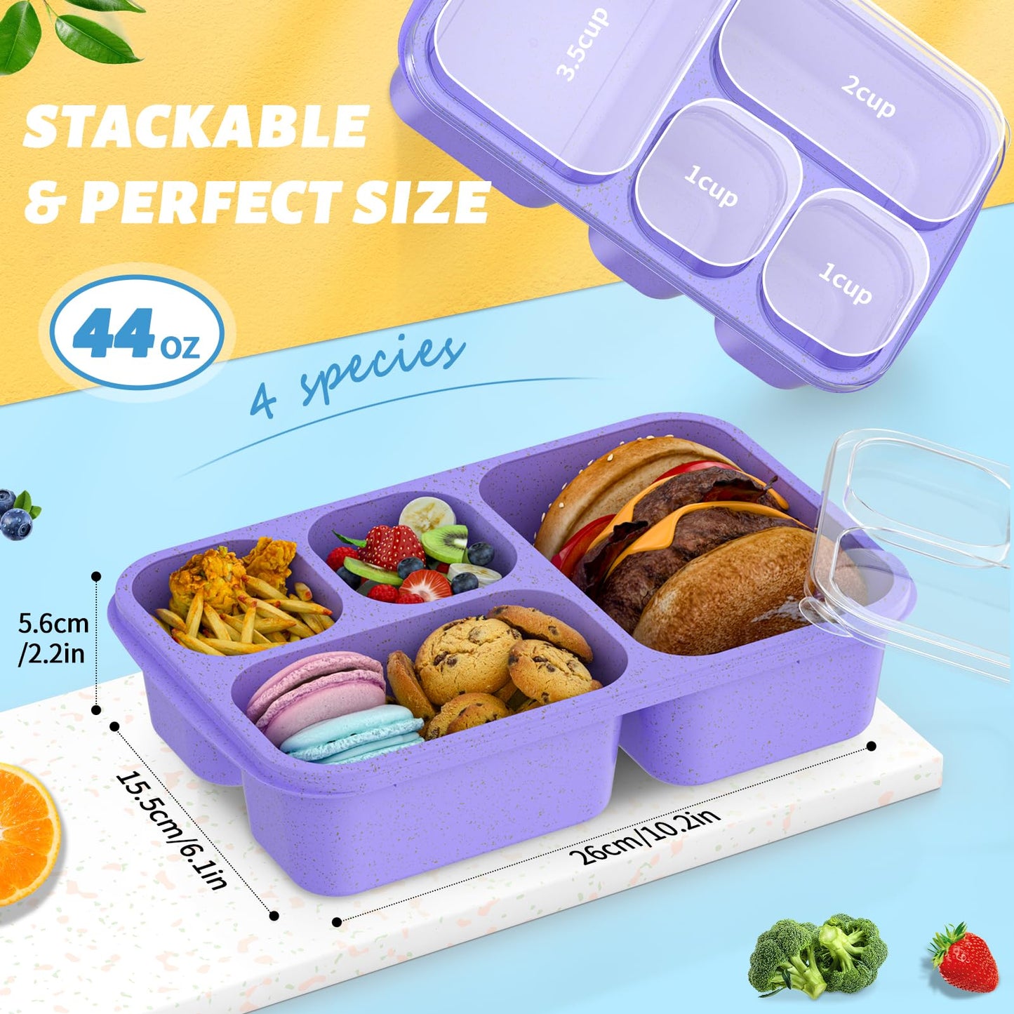 Bento Box for Adults and Snack Containers Set of 4 - Stackable, with 4 Compartments, Microwave & Dishwasher Safe, BPA Free - Reusable Meal Prep Containers for Kids and Adults (Purple)