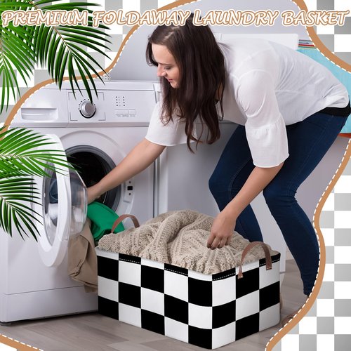Boao 3 Pcs Checkered Basket Easter Baskets Checkered Storage Bin with Handles Gingham Storage Bin Square Tote Laundry Basket Canvas Foldable Box for Home Office Bedroom Bathroom(Black)
