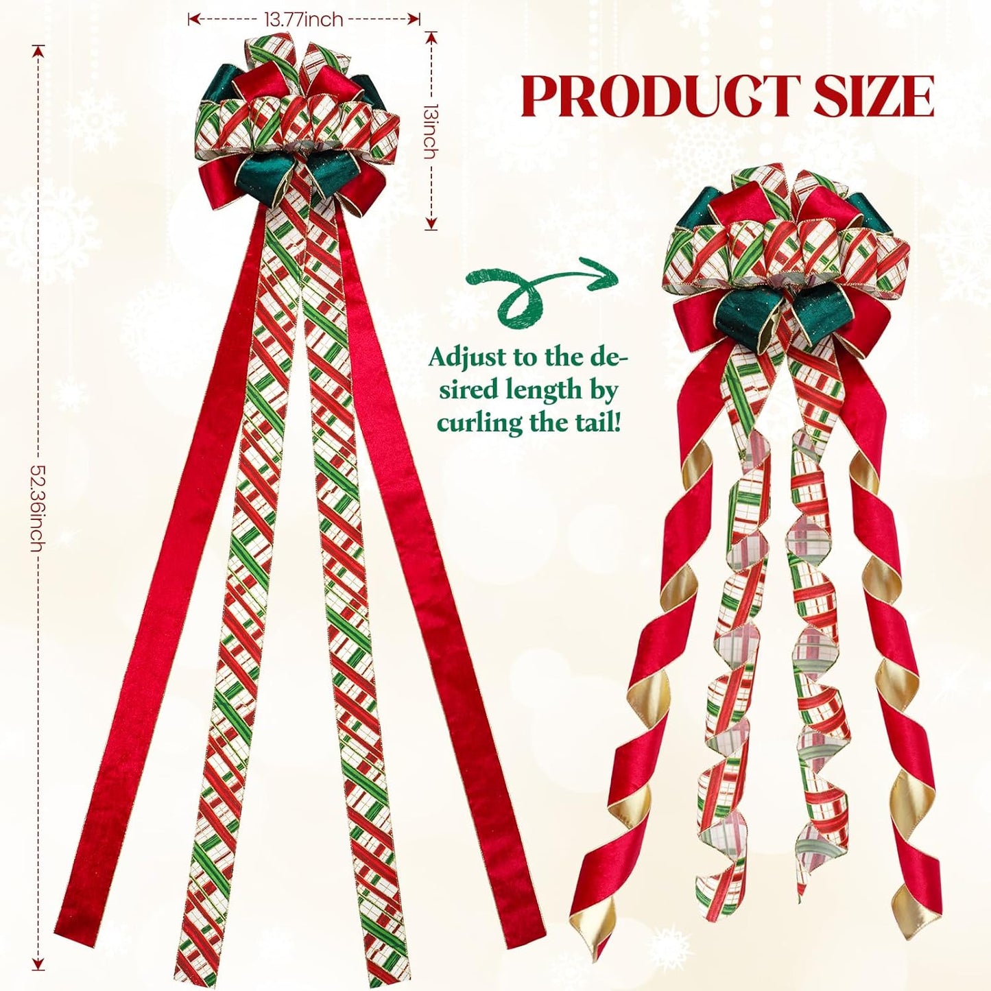Skiennix Christmas Tree Topper Bow - 13" Large Velvet Red & Green Buffalo Plaid | Festive Holiday Decoration