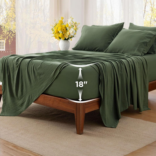 Bedsure Deep Pocket Queen Sheets - Ultra-Soft 6-Piece Bedding Set, Fits Mattresses Up to 18", Olive Green