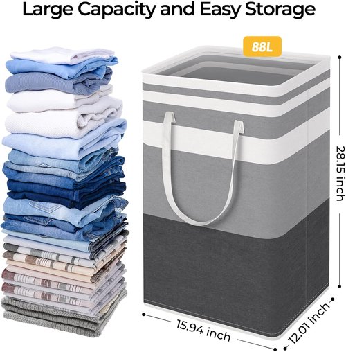 HomeHacks Large Waterproof Laundry Baskets - Collapsible Hampers with Reinforced Handles | Grey & Blue, 88L Each
