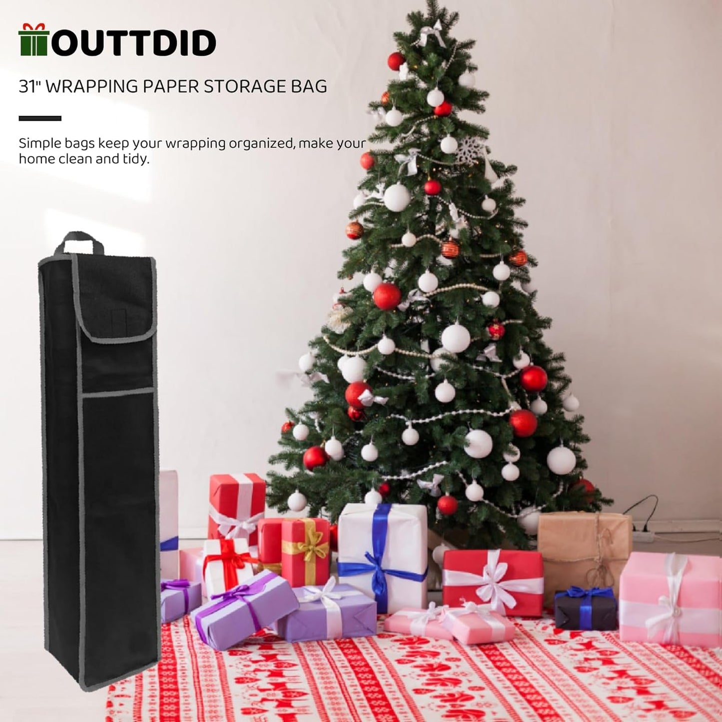 OUTTDID Wrapping Paper Storage Bag - Gift Organizer for 9 Standard Rolls | Black with Pocket for Crafts