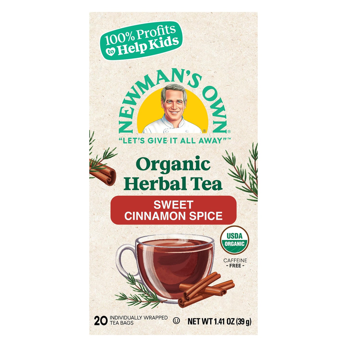 Newman's Own Organic Sweet Cinnamon Spice Herbal Tea with Rooibos Tea with Organic Ginger 20 Individually Wrapped Tea Bags Per Box (Pack of 2) USDA Certified and Kosher Cinnamon Tea Caffeine-Free