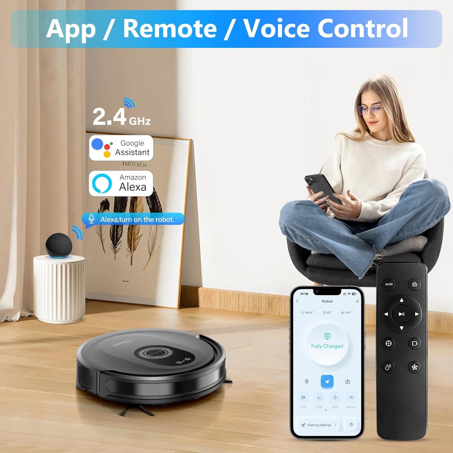 Tikom Robot Vacuum & Mop Combo - 5000Pa Powerful Cleaner with 150 Min Runtime | App & Remote Control for Hard Floors & Carpets