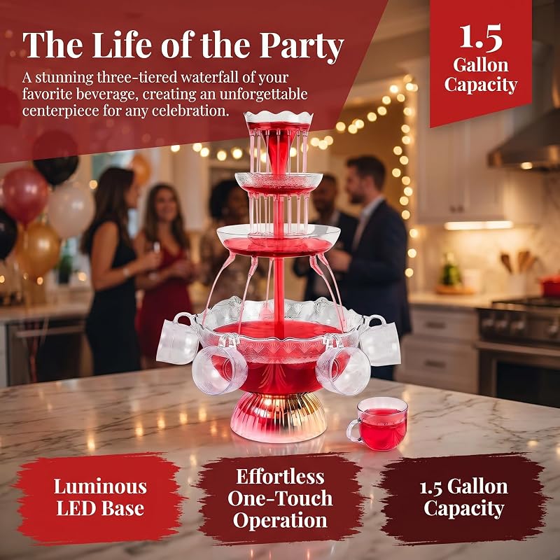 LED Lighted 3-Layer Wine Fountain Drink Dispenser with 1.5 Gallon Capacity and 5 Reusable Cups