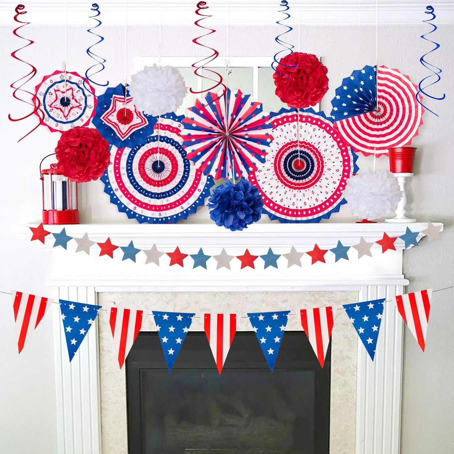 Red White Blue 29PCS Fourth of July Decorations Set | USA Flag Pennant, Paper Fans & Pom Poms