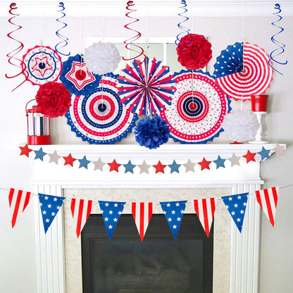 Red White Blue 29PCS Fourth of July Decorations Set | USA Flag Pennant, Paper Fans & Pom Poms