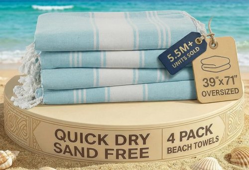 LANE LINEN Oversized Beach Towel - Quick Dry, Sand Free, Lightweight Travel Towel | 4 Pack, Aqua, 39"x71"