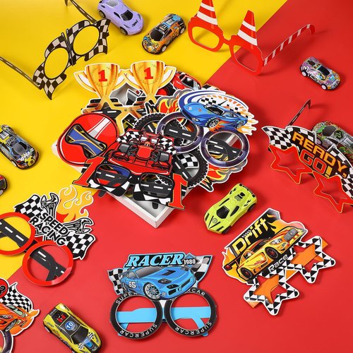 Herdear 32 Pack Race Car Party Favors for Boys - Racing Paper Glasses Frames Checkered Flag Eyeglasses for Kids Birthday Party Supplies, Baby Shower Photo Booth Props, Racing Theme Goody Bag Fillers