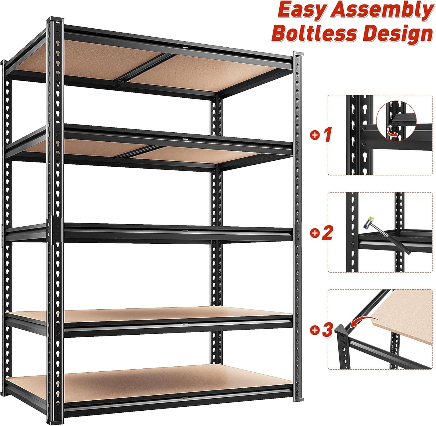 REIBII 5-Tier Heavy Duty Storage Shelves - Adjustable Metal Shelving Unit for Garage, Basement, Kitchen | 72" H x 35.55" W x 16" D, Black