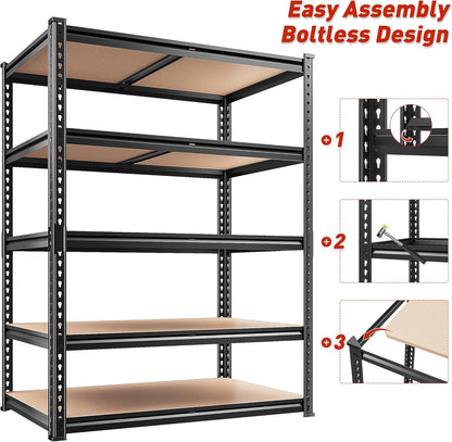 REIBII 5-Tier Heavy Duty Storage Shelves - Adjustable Metal Shelving Unit for Garage, Basement, Kitchen | 72" H x 35.55" W x 16" D, Black