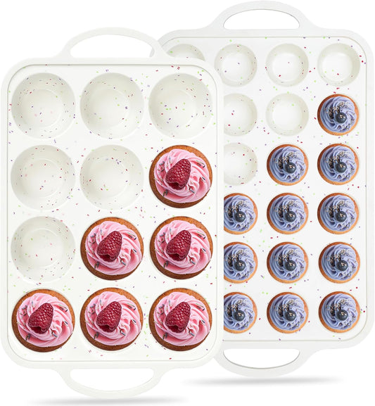Skiennix Silicone Cupcake Pan Set - Nonstick 12 Cup & Mini 24 Cup Muffin Molds | BPA Free, Cream Color (2 Pcs)