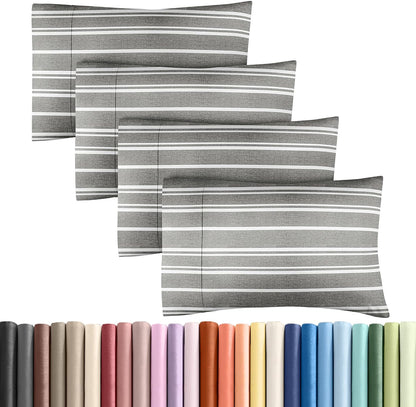 Skiennix Queen Pillow Cases Set of 4 - Ultra Soft Hotel Quality - Wrinkle-Free & Fade Resistant - Grey Stripes